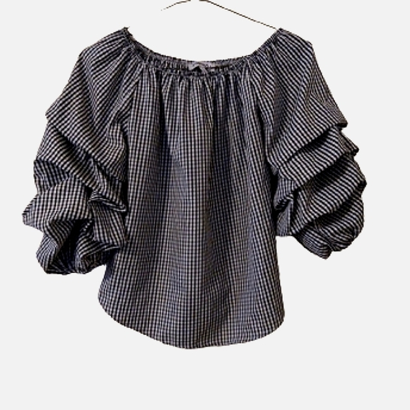KONTROL Checkered Off the Shoulder Puff Sleeve Top Size Small - Picture 5 of 7